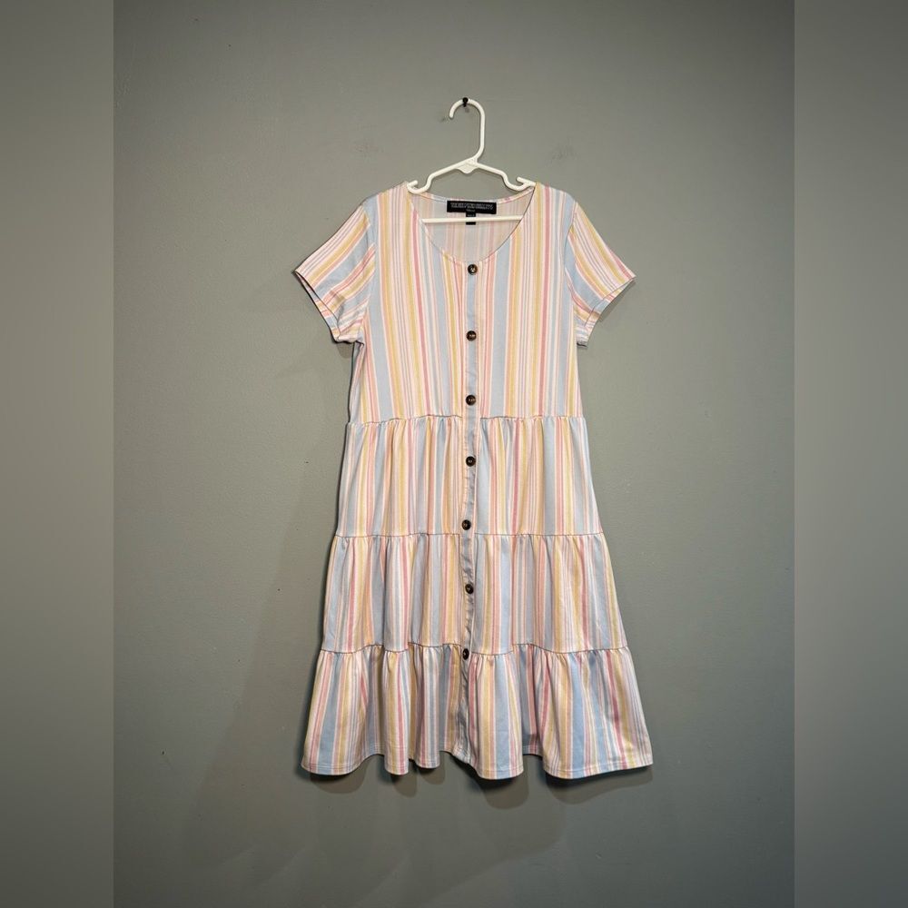 SALE! Girls’ Three Pink Hearts Rainbow Striped Dress Size L EUC
